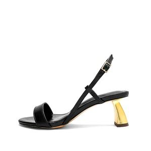 Black Leather Strap Sandals Gold Metallic Heels Kitten Heels